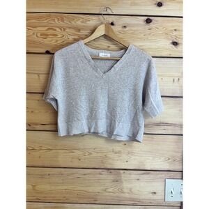 ese O ese Women Oatmeal Cotton Linen Blend Cropped V-Neck Short Sleeve Sweater L
